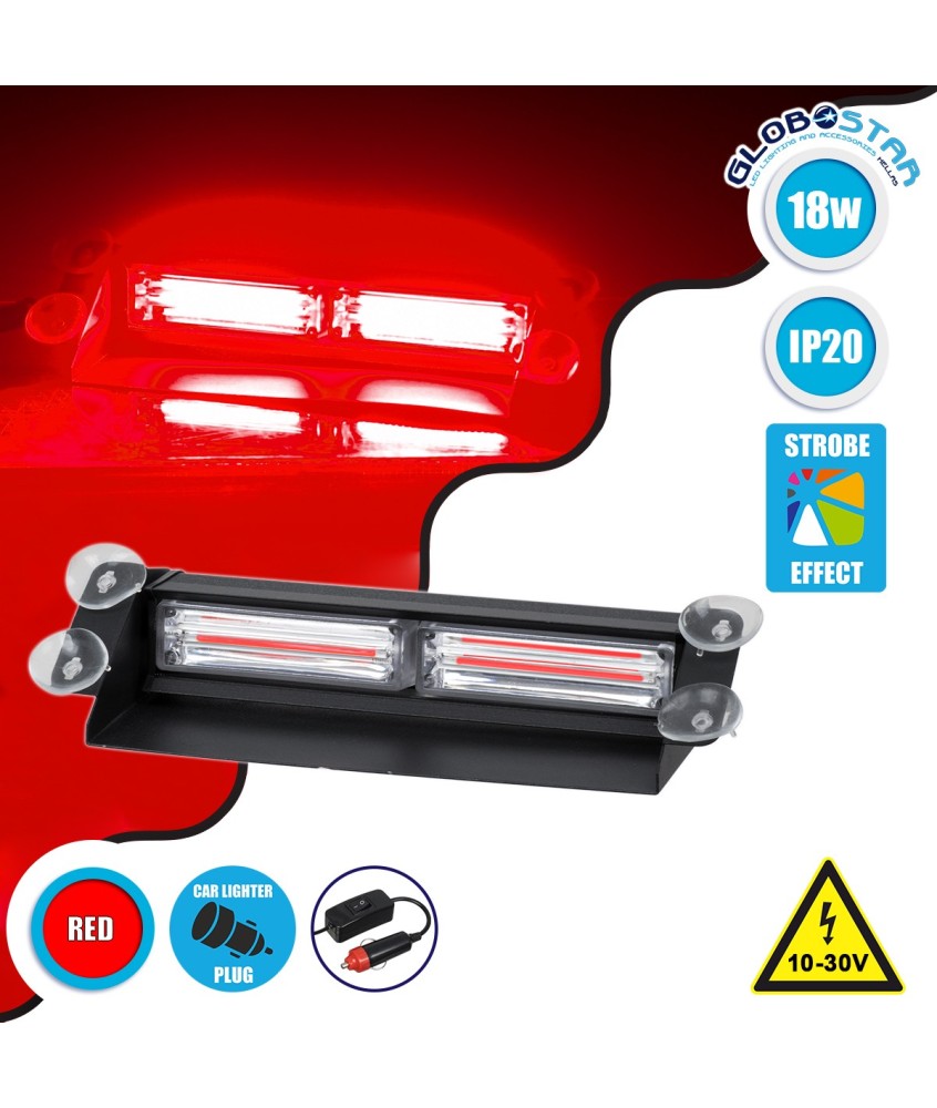 GloboStar® 85112 PRO Series Μπάρα Σήμανσης με Βεντούζες Στήριξης για Παρμπρίζ Οχήματος Πυροσβεστικής για Αυτοκίνητα & Φορτηγά 13 Προγραμμάτων Φωτισμού STROBE LED CREE CXB COB 18W DC 10-30V IP20 Κόκκινο